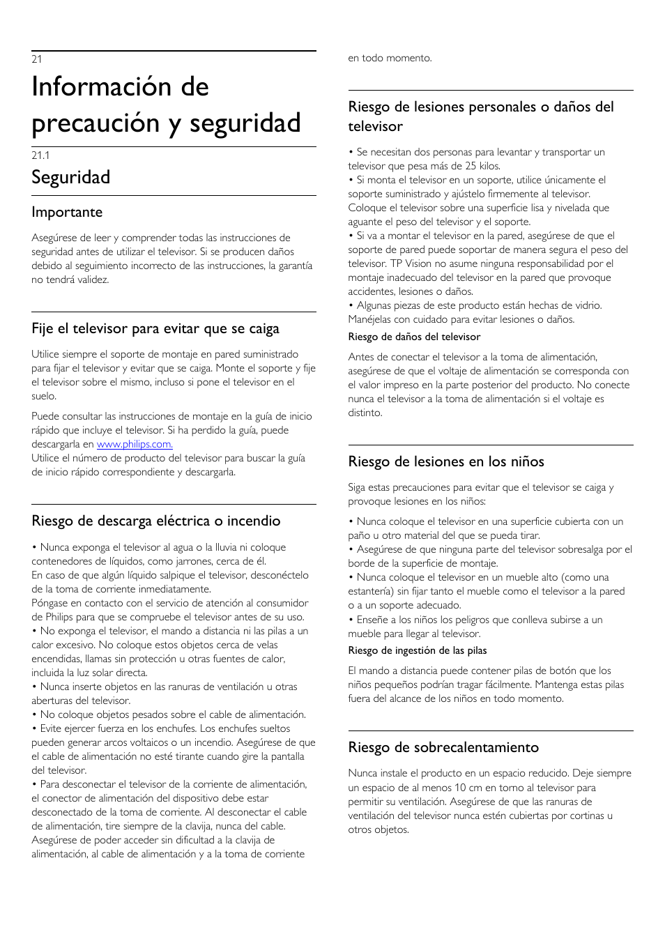 21 - información de precaución y seguridad, 1 - seguridad, 21 información de precaución y seguridad 81 | 1 seguridad, Información de precaución y seguridad, Seguridad | Philips Televisor LED Profesional User Manual | Page 81 / 89