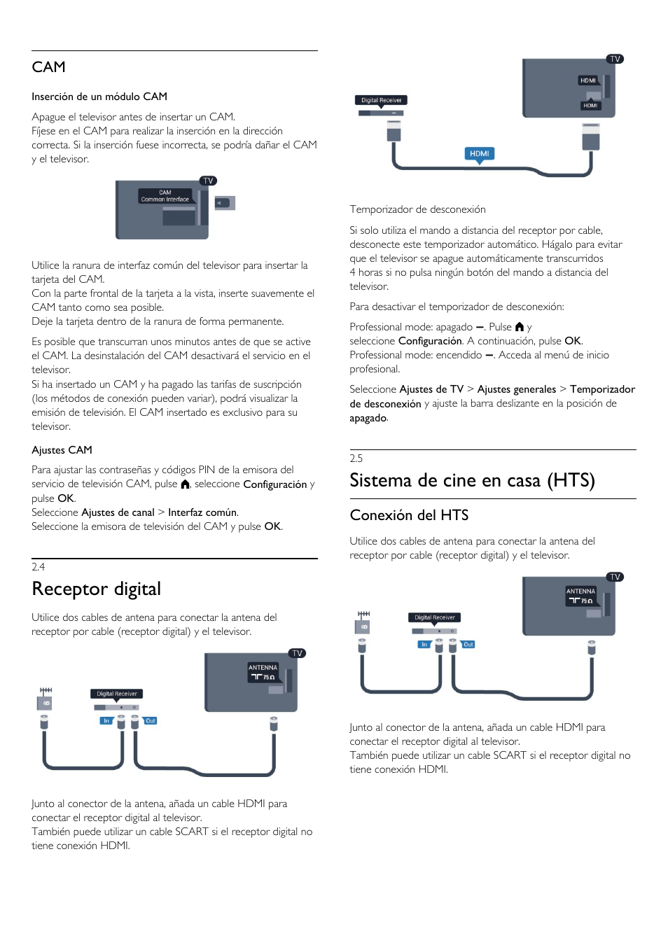 4 - receptor digital, 5 - sistema de cine en casa (hts), 4 receptor digital | 5 sistema de cine en casa (hts), Receptor digital, Sistema de cine en casa (hts), Conexión del hts | Philips Televisor LED Profesional User Manual | Page 9 / 89