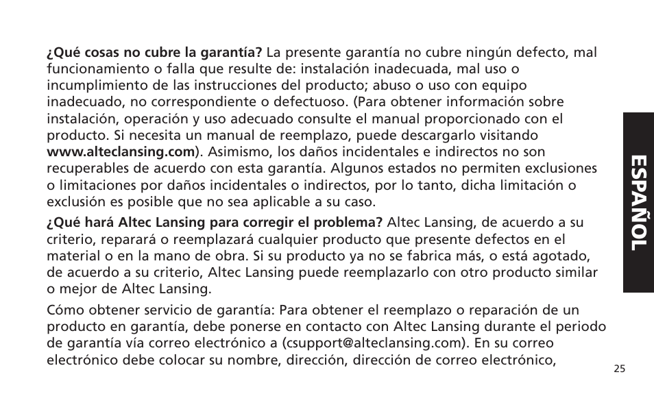 Esp añol | Altec Lansing IM616 User Manual | Page 25 / 28