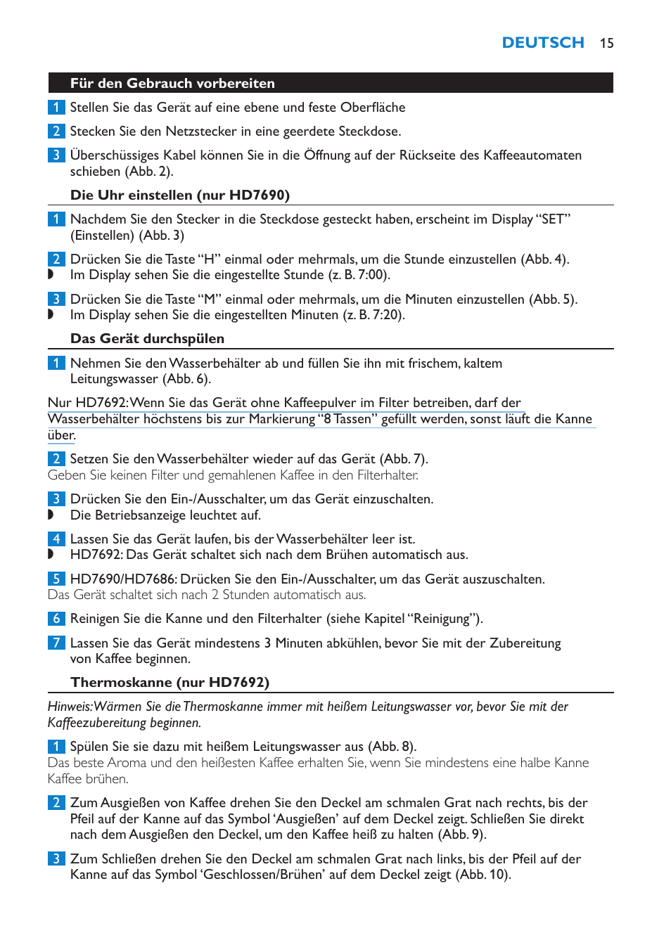 Für den gebrauch vorbereiten, Die uhr einstellen (nur hd7690), Das gerät durchspülen | Thermoskanne (nur hd7692) | Philips Pure Essentials Cafetera User Manual | Page 15 / 76