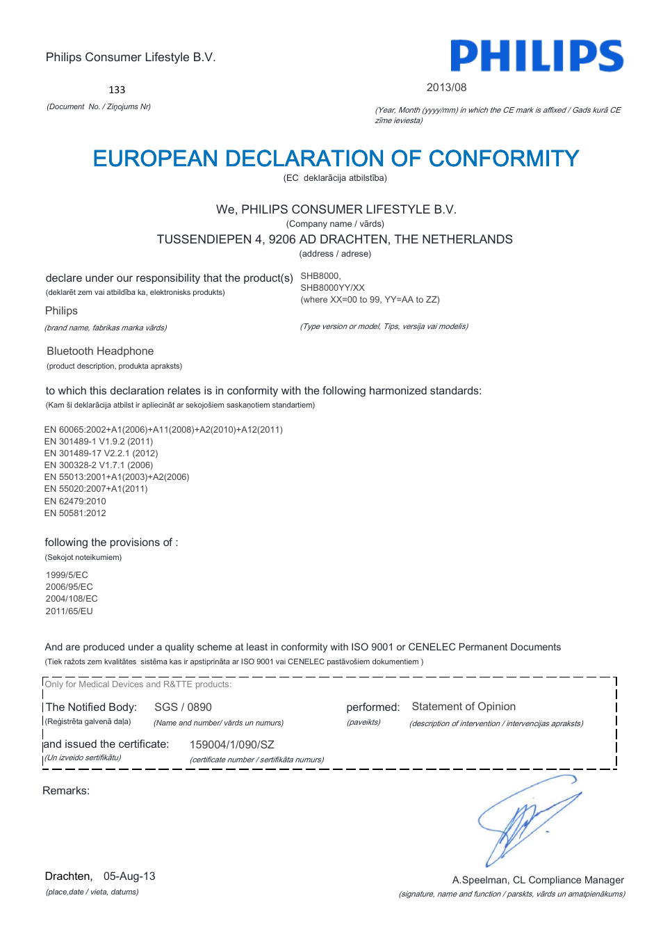 European declaration of conformity | Philips Auriculares Bluetooth User Manual | Page 12 / 22