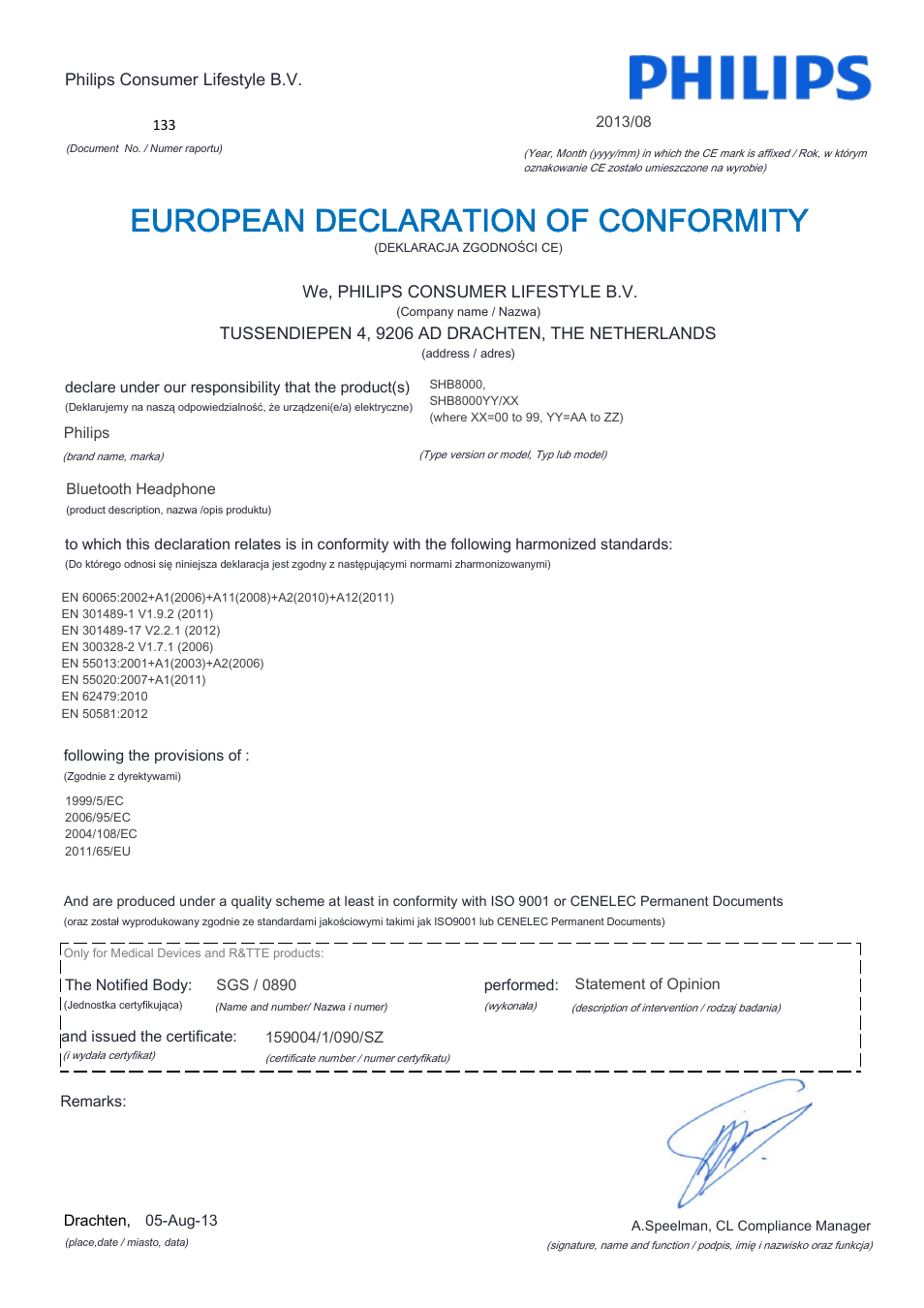 European declaration of conformity | Philips Auriculares Bluetooth User Manual | Page 13 / 22