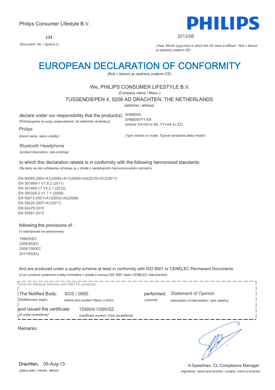 European declaration of conformity | Philips Auriculares Bluetooth User Manual | Page 17 / 22