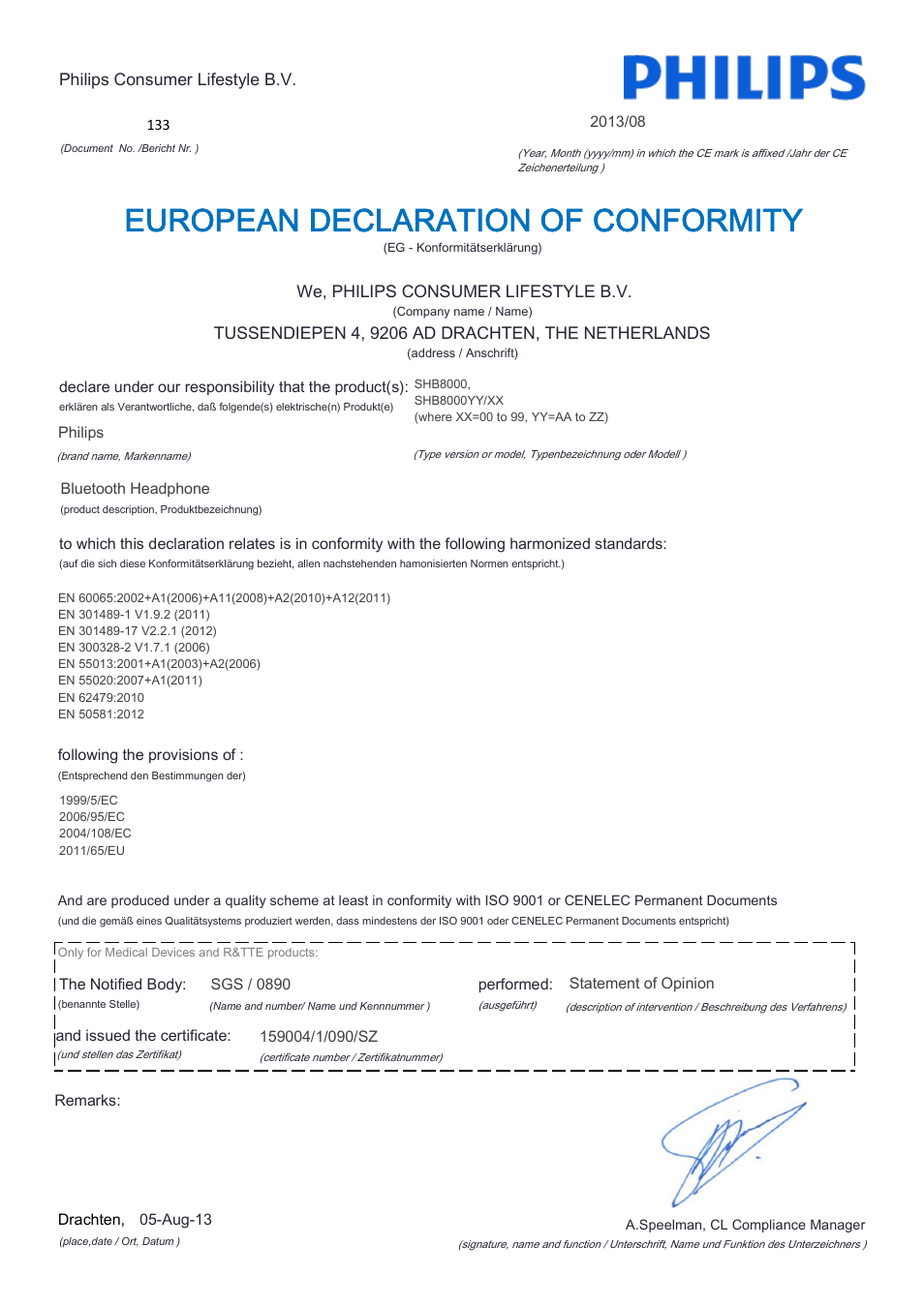European declaration of conformity | Philips Auriculares Bluetooth User Manual | Page 2 / 22