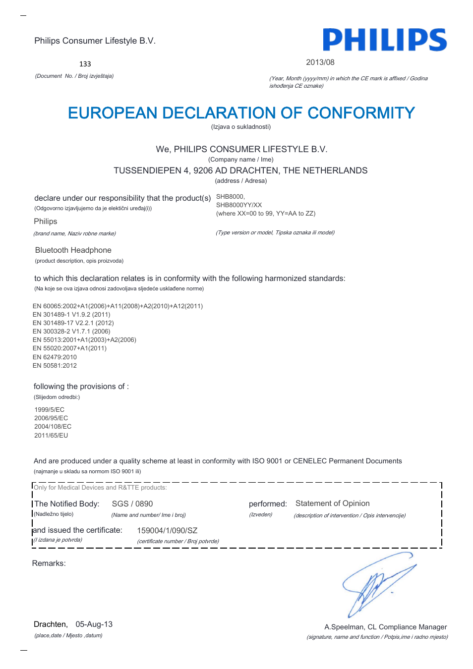 European declaration of conformity | Philips Auriculares Bluetooth User Manual | Page 20 / 22