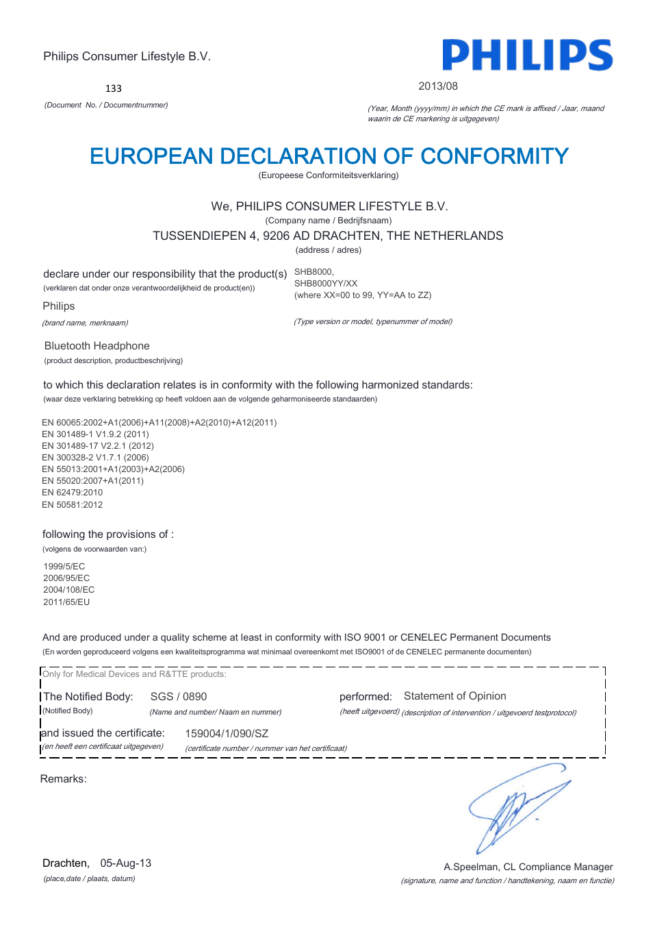 European declaration of conformity | Philips Auriculares Bluetooth User Manual | Page 4 / 22