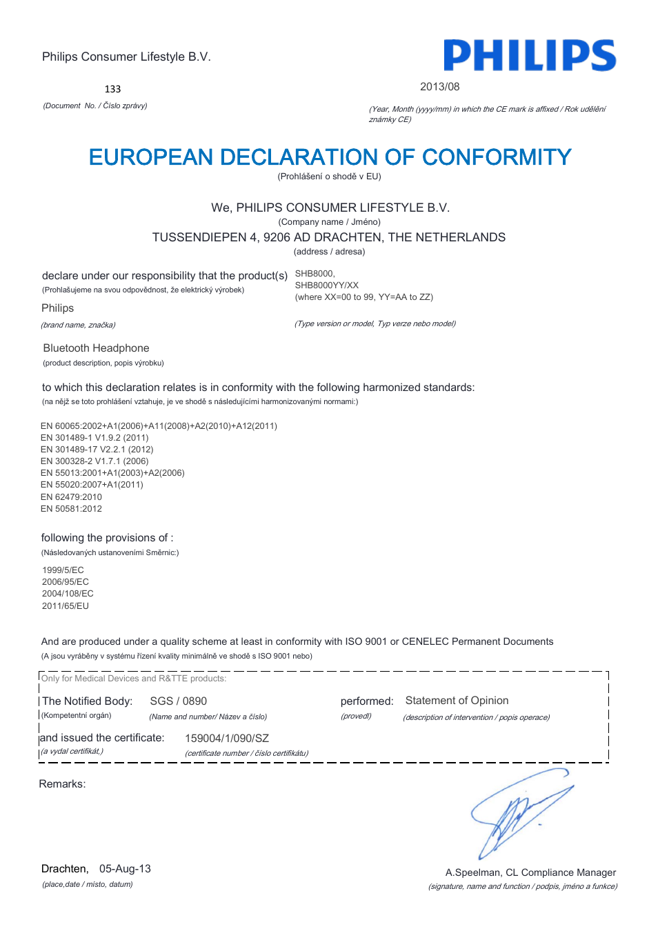 European declaration of conformity | Philips Auriculares Bluetooth User Manual | Page 5 / 22