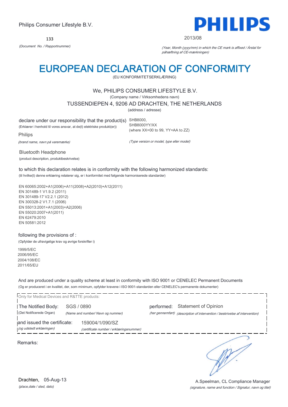 European declaration of conformity | Philips Auriculares Bluetooth User Manual | Page 6 / 22