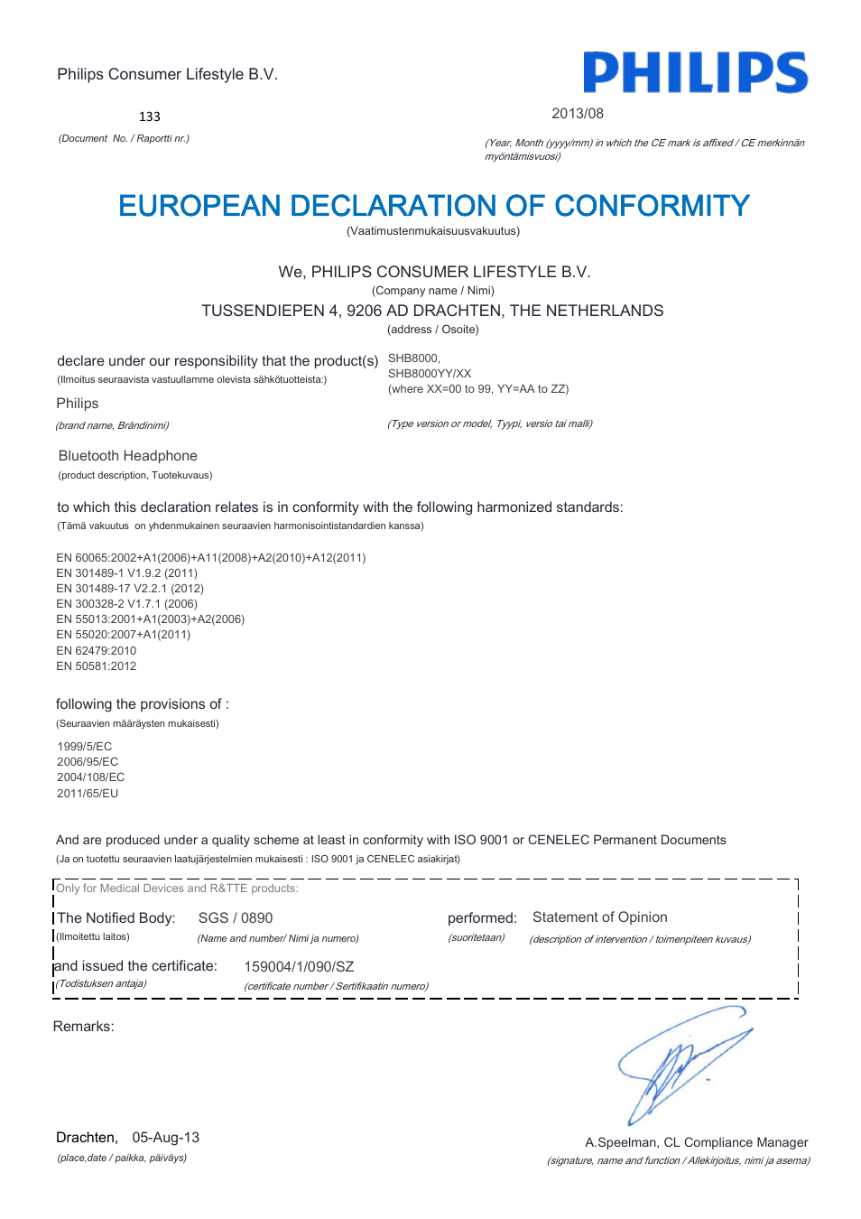 European declaration of conformity | Philips Auriculares Bluetooth User Manual | Page 8 / 22