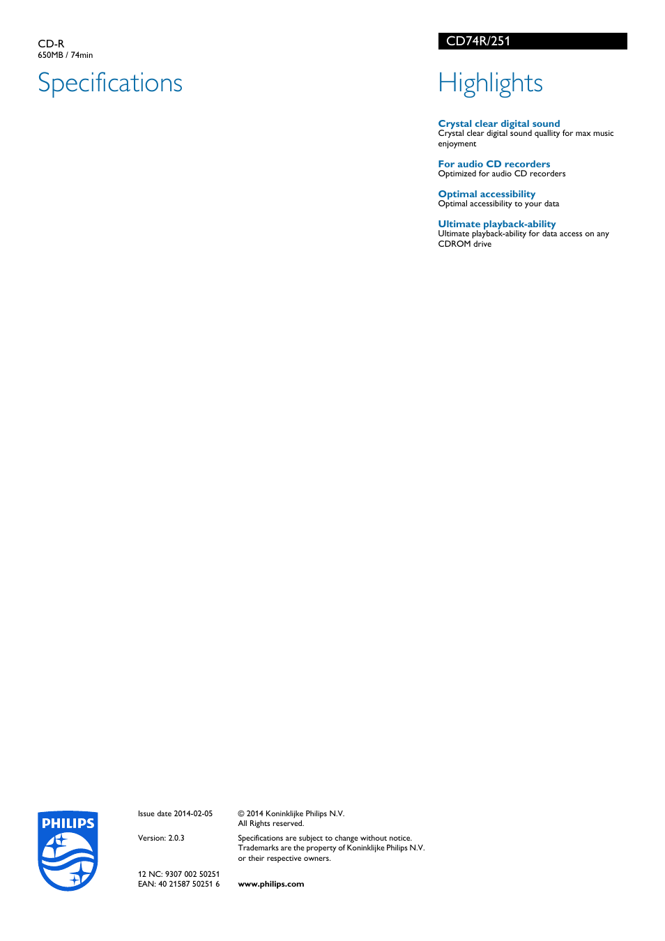 Specifications, Highlights | Philips CD74R User Manual | Page 2 / 2