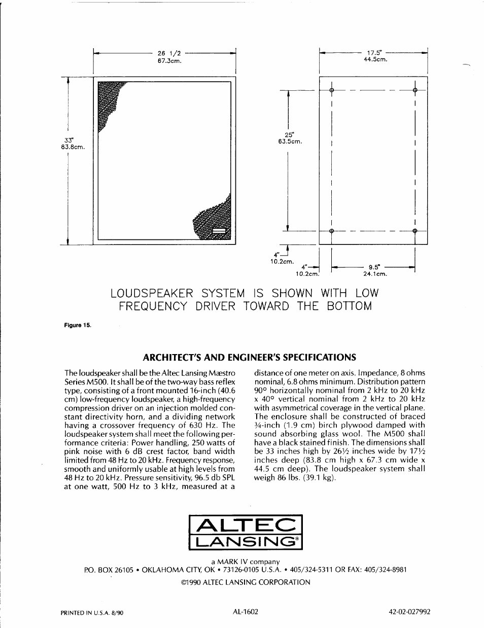 Architect's and engineer's specifications, Lansing | Altec Lansing M500 User Manual | Page 6 / 6