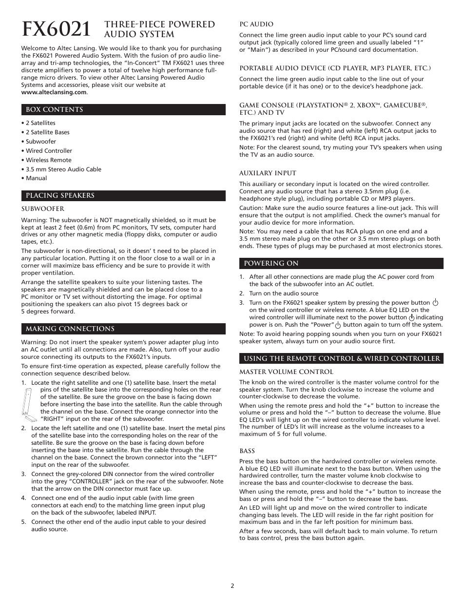 Fx6021, Three-piece powered audio system | Altec Lansing FX6021 User Manual | Page 4 / 20