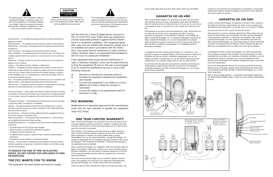 Garantía de un año, Garantia de um ano, The fcc wants you to know | Fcc warning, One year limited warranty | Altec Lansing Altec AVS500 User Manual | Page 4 / 4