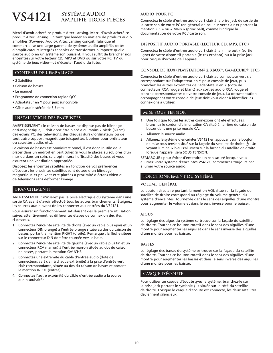 Vs4121, Système audio amplifié trois pièces | Altec Lansing VS4121 User Manual | Page 12 / 46