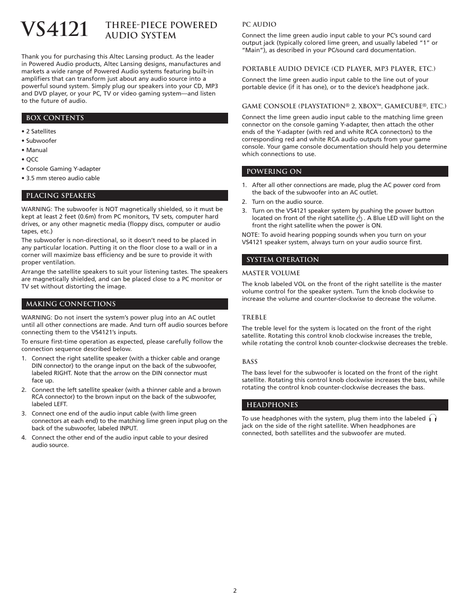 Vs4121, Three-piece powered audio system | Altec Lansing VS4121 User Manual | Page 4 / 46