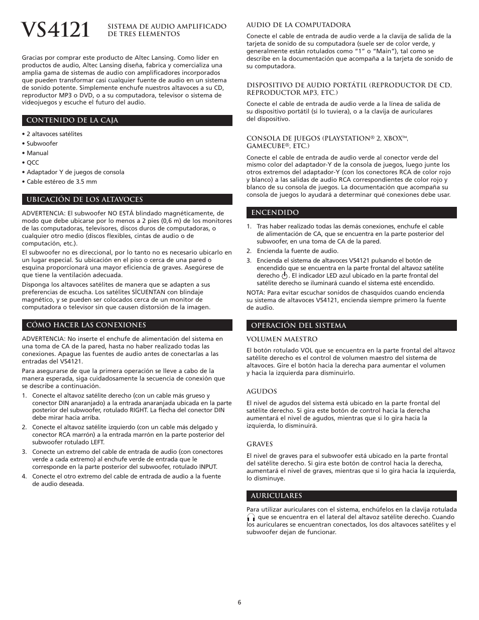 Vs4121 | Altec Lansing VS4121 User Manual | Page 8 / 46