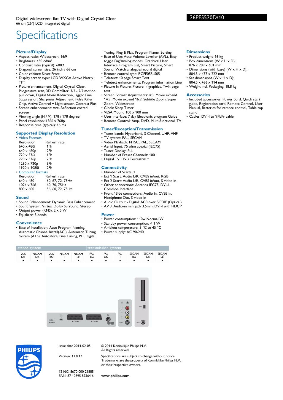 Specifications | Philips Flat TV panorámico con TDT integrado User Manual | Page 3 / 3