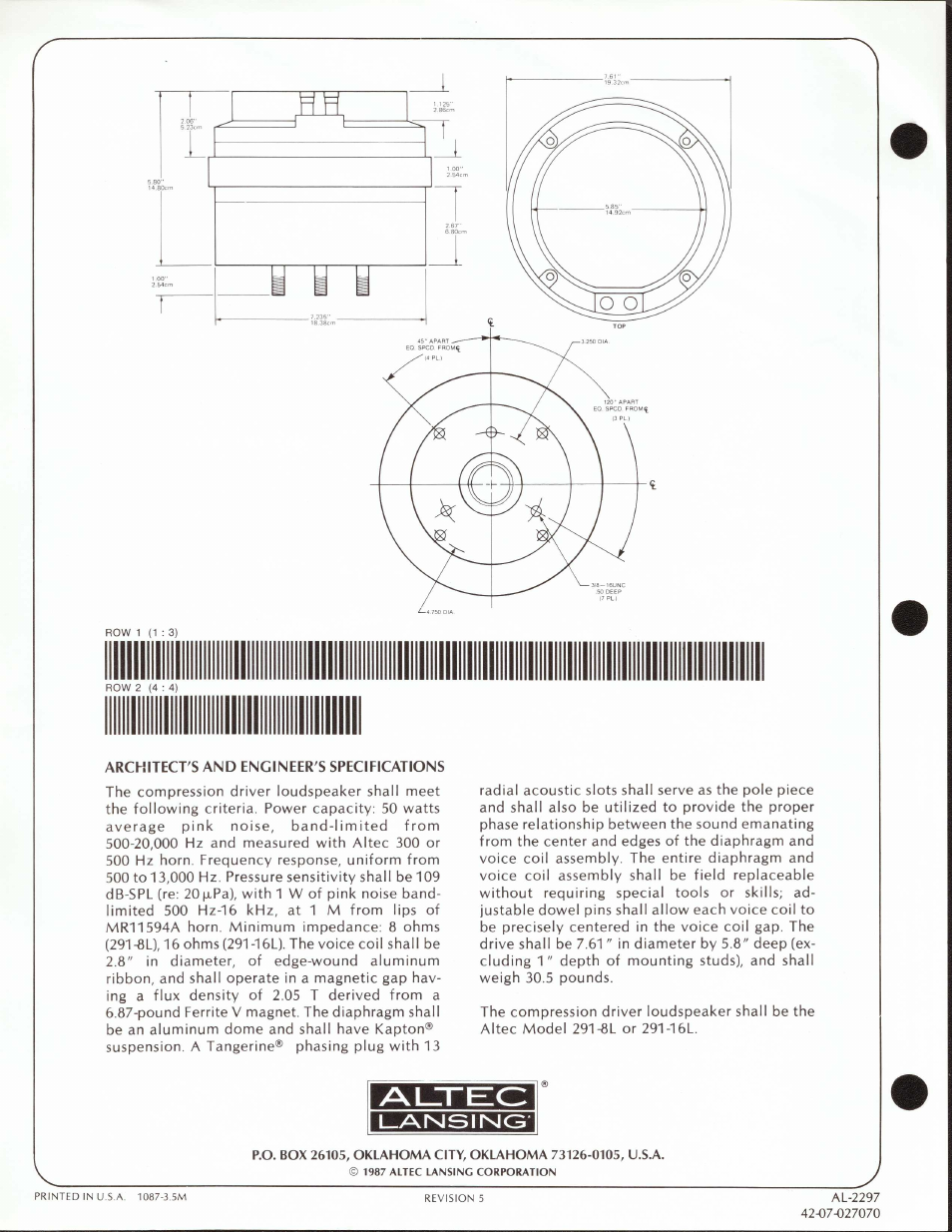 Architect's and engineer's specifications, L-aisisiisig, Aijteic | Altec Lansing 291-8L User Manual | Page 2 / 2