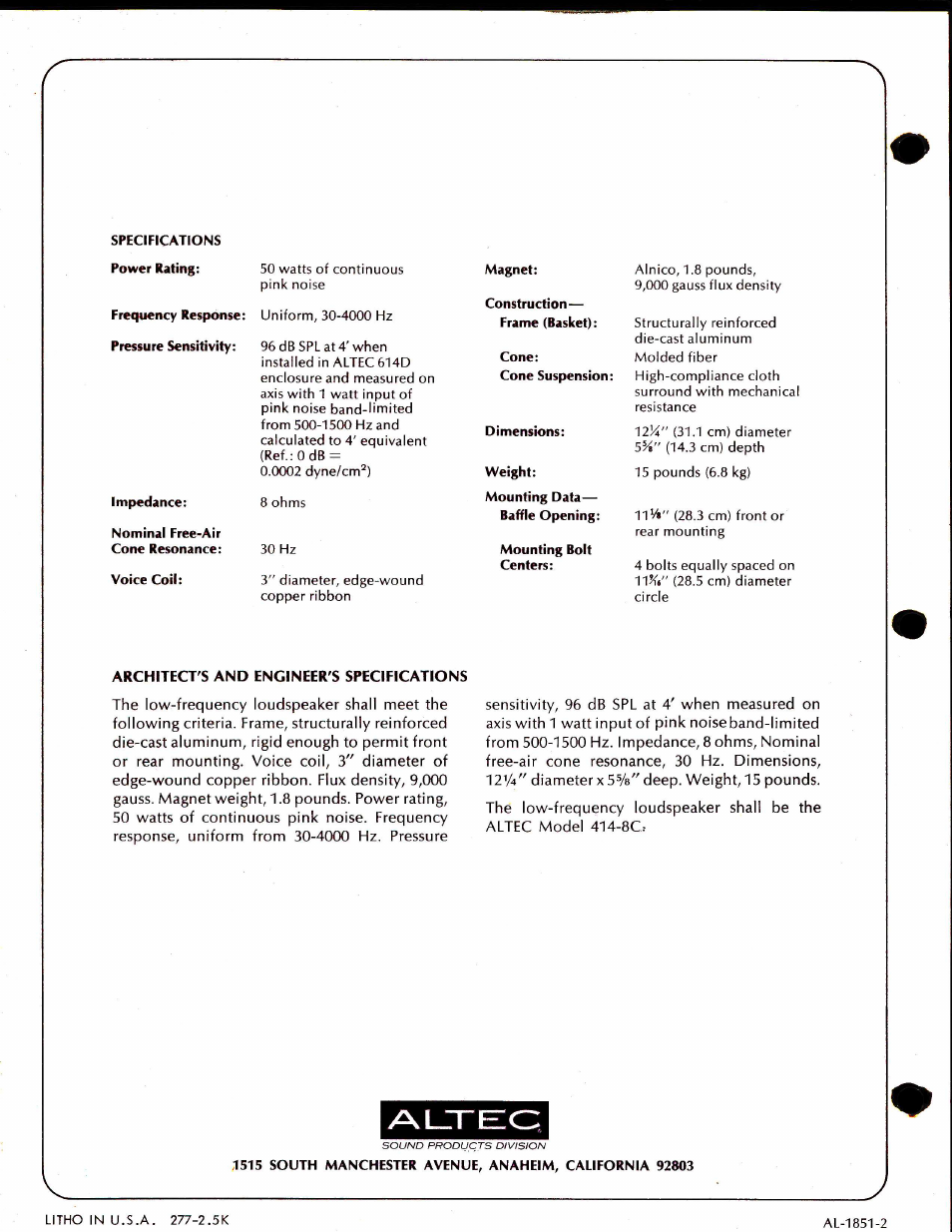 Architect's and engineer's specifications | Altec Lansing 414-8C User Manual | Page 2 / 2