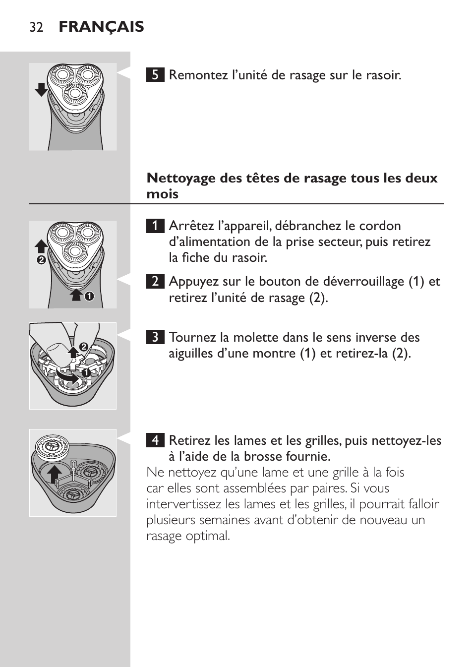 Nettoyage des têtes de rasage tous les deux mois, Français | Philips SHAVER Series 3000 Afeitadora eléctrica User Manual | Page 30 / 68