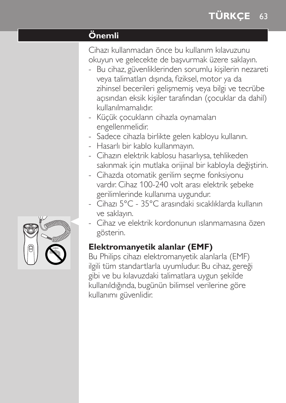 Elektromanyetik alanlar (emf), Türkçe, Önemli | Philips SHAVER Series 3000 Afeitadora eléctrica User Manual | Page 61 / 68