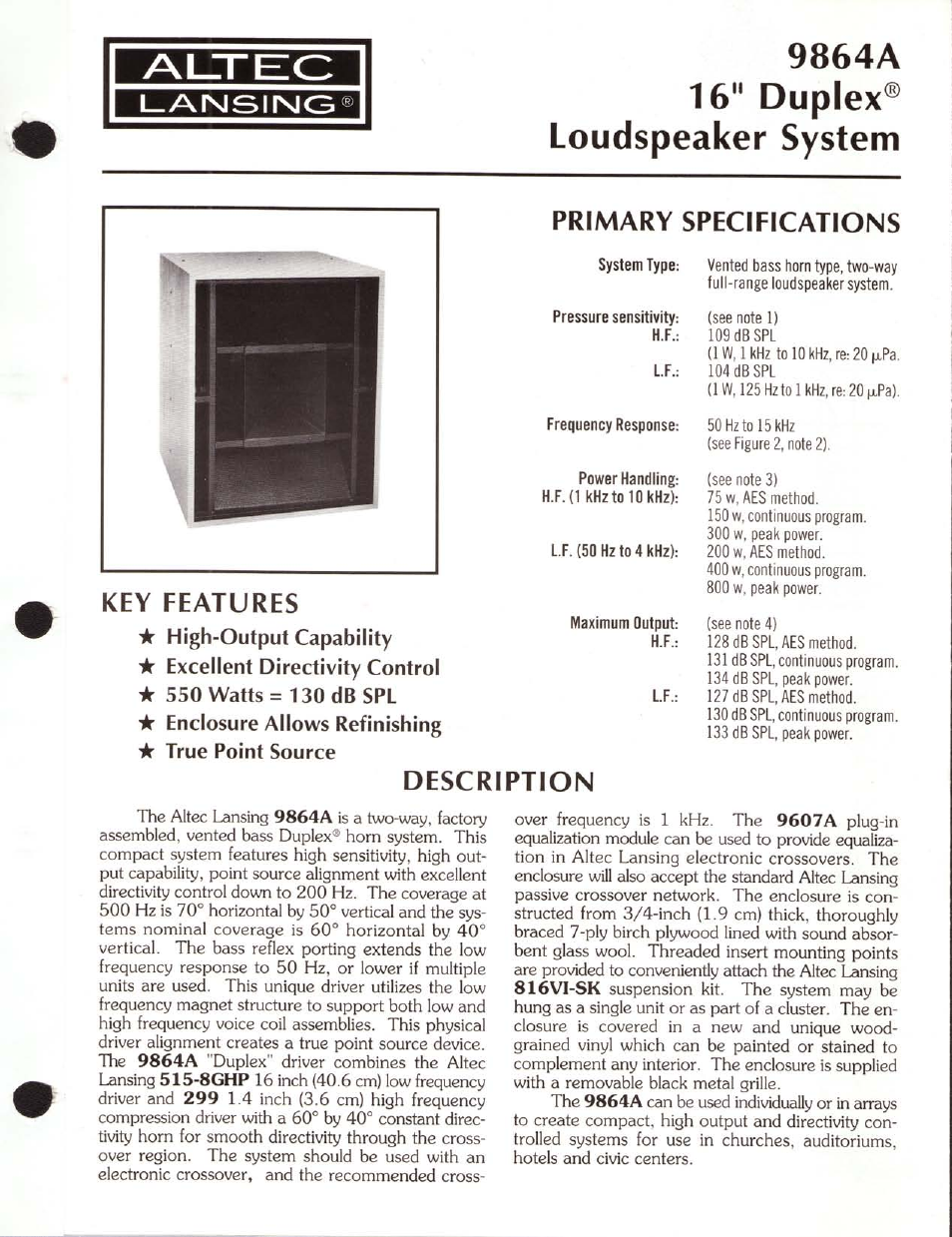 Altec Lansing Duplex 9864A User Manual | 4 pages