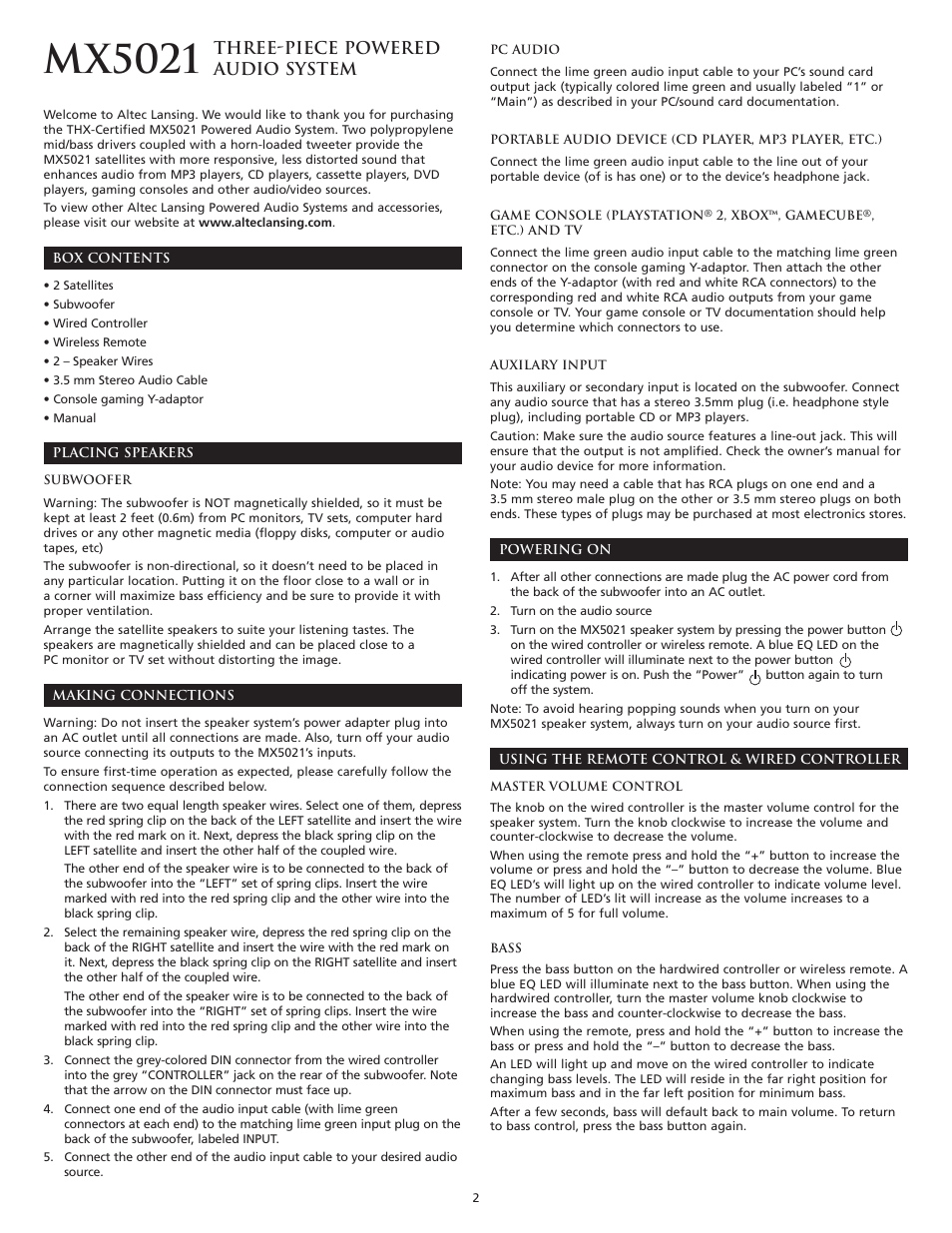 Mx5021, Three-piece powered audio system | Altec Lansing THX MX5021 User Manual | Page 4 / 20