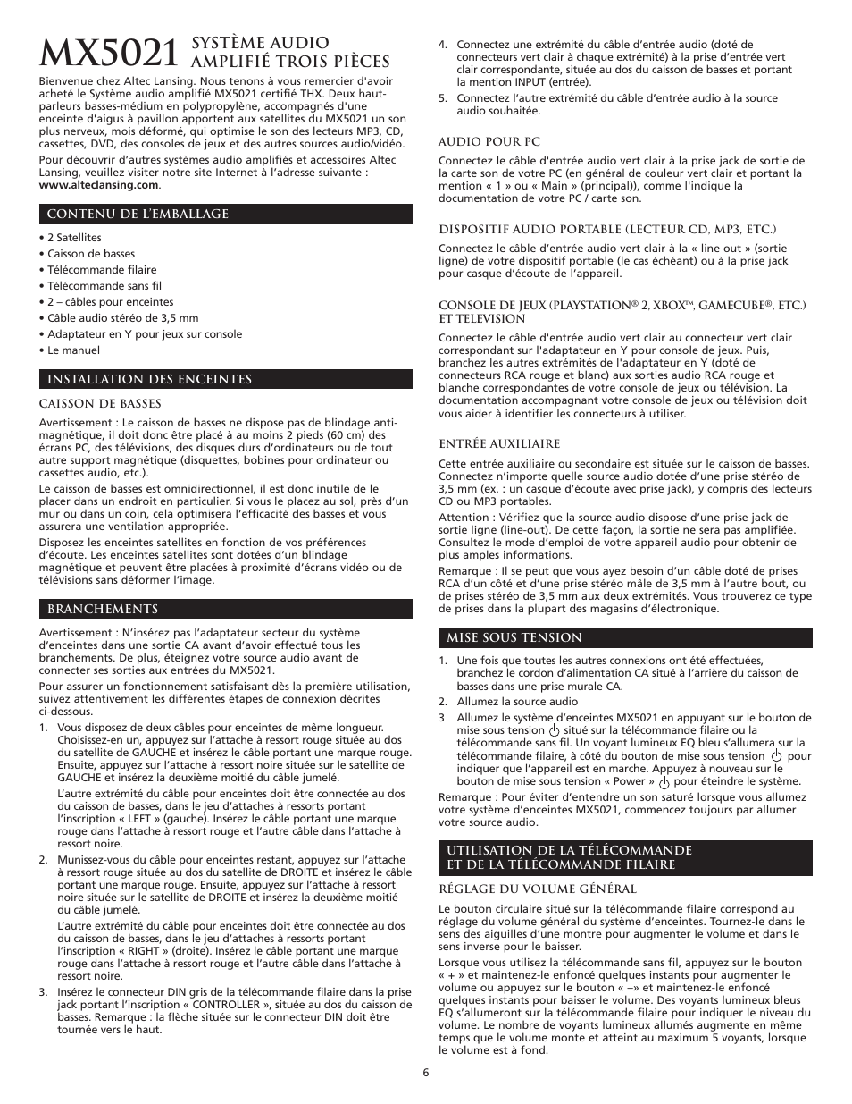 Mx5021, Système audio amplifié trois pièces | Altec Lansing THX MX5021 User Manual | Page 8 / 20