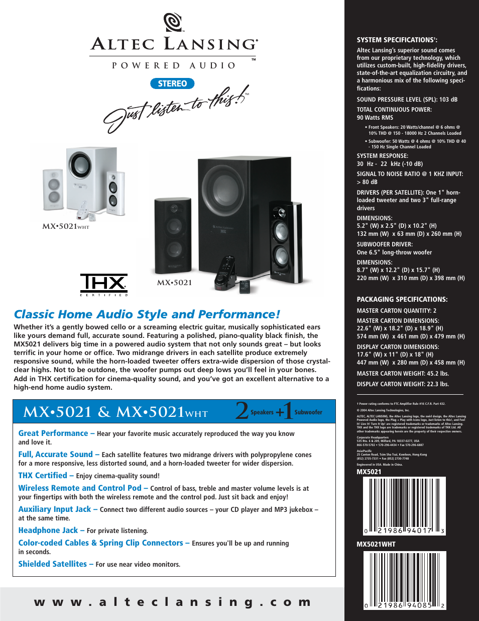 5021 & mx, Classic home audio style and performance | Altec Lansing MX5021wht User Manual | Page 2 / 2