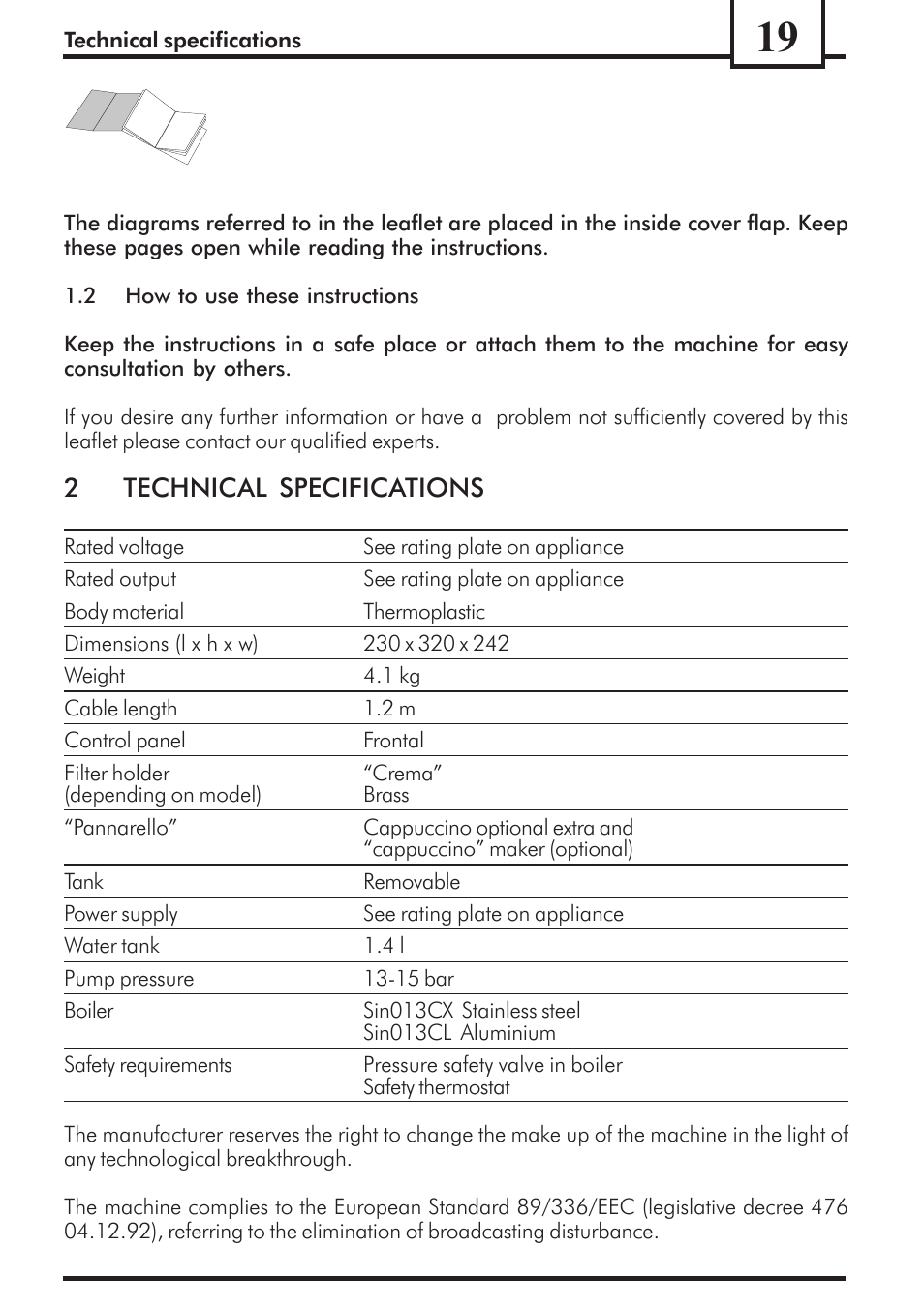 2technical specifications | Philips Saeco Via Veneto Cafetera expreso manual User Manual | Page 19 / 92