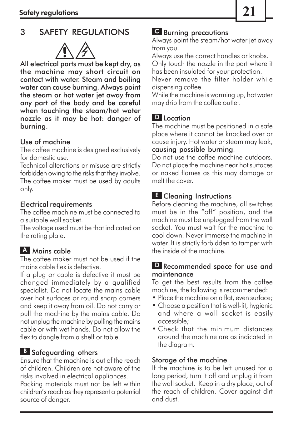 3safety regulations | Philips Saeco Via Veneto Cafetera expreso manual User Manual | Page 21 / 92