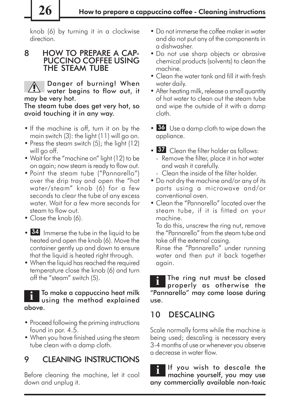 9cleaning instructions, 10 descaling | Philips Saeco Via Veneto Cafetera expreso manual User Manual | Page 26 / 92