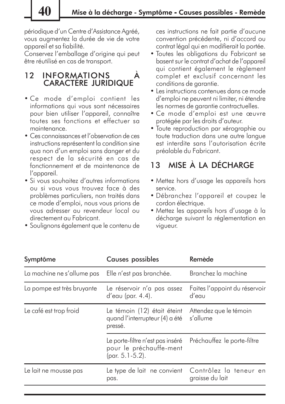 12 informations à caractère juridique, 13 mise à la décharge | Philips Saeco Via Veneto Cafetera expreso manual User Manual | Page 40 / 92