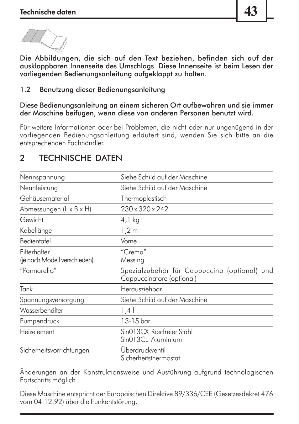 2technische daten | Philips Saeco Via Veneto Cafetera expreso manual User Manual | Page 43 / 92