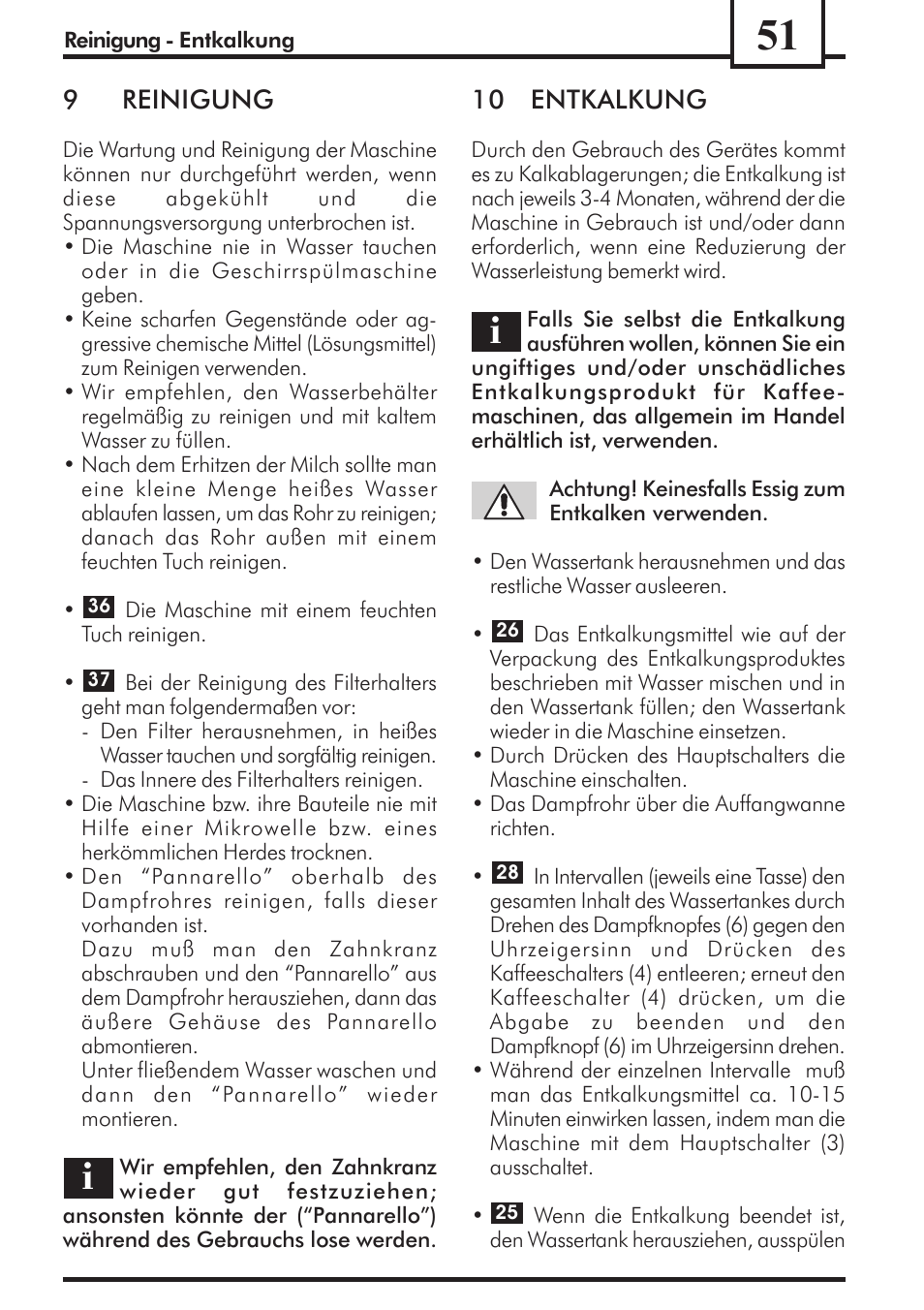 9reinigung, 10 entkalkung | Philips Saeco Via Veneto Cafetera expreso manual User Manual | Page 51 / 92