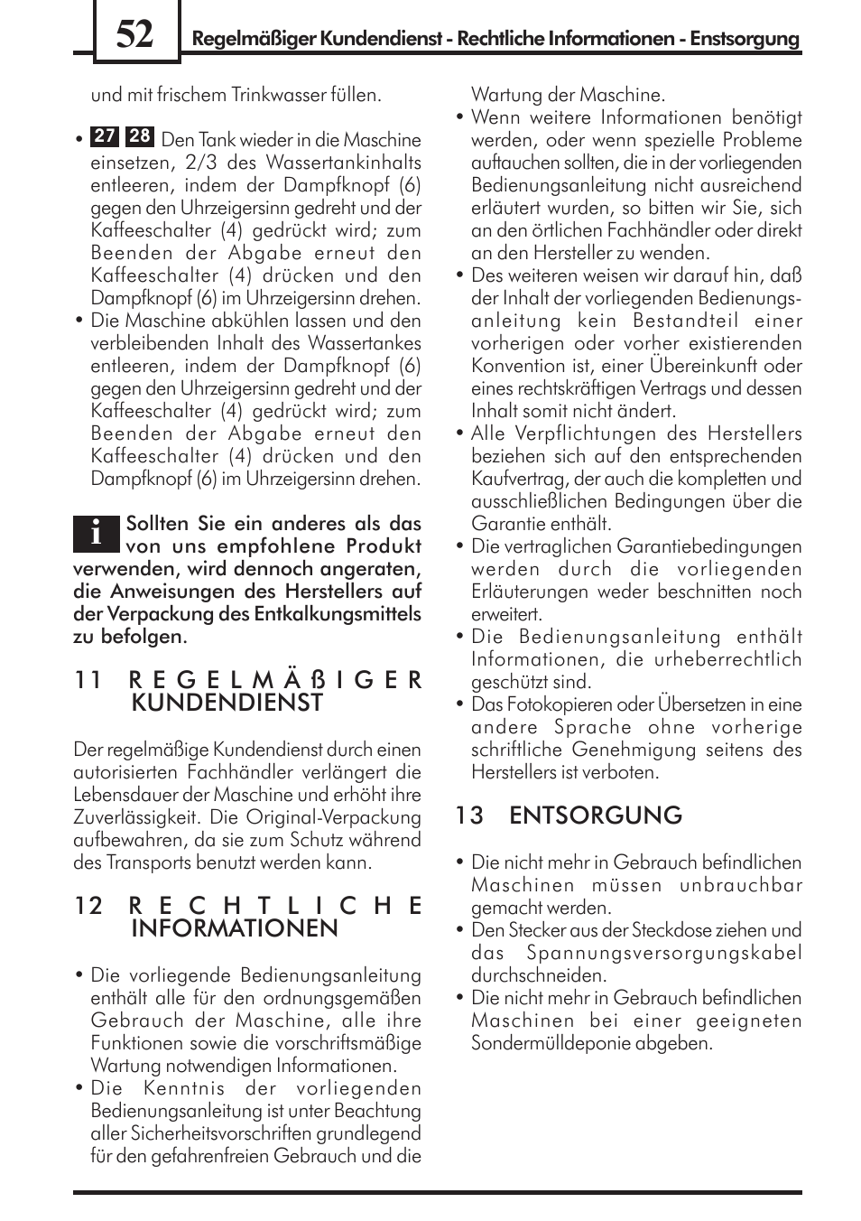 13 entsorgung | Philips Saeco Via Veneto Cafetera expreso manual User Manual | Page 52 / 92