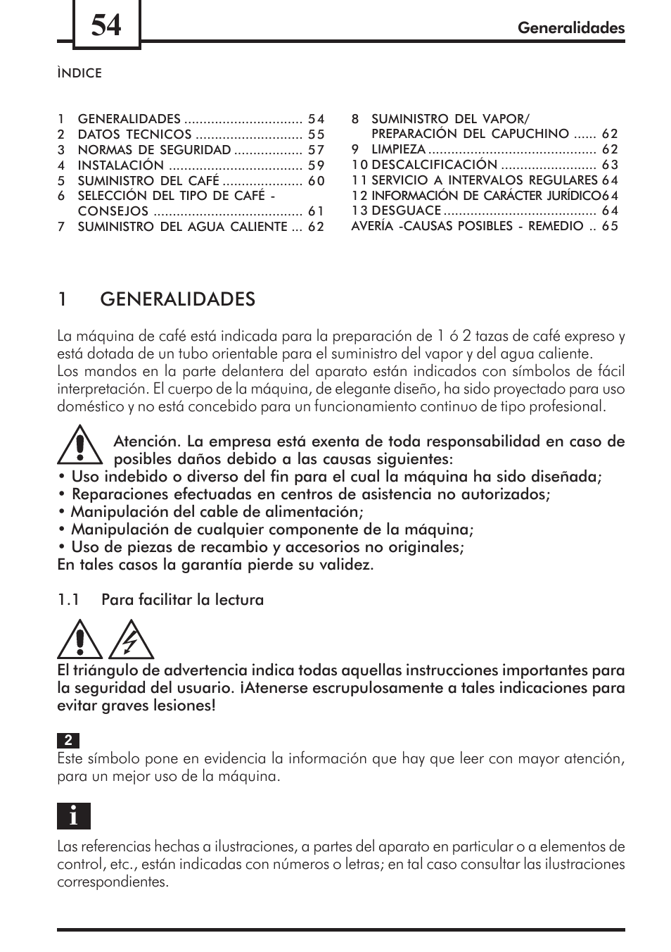 1generalidades | Philips Saeco Via Veneto Cafetera expreso manual User Manual | Page 54 / 92