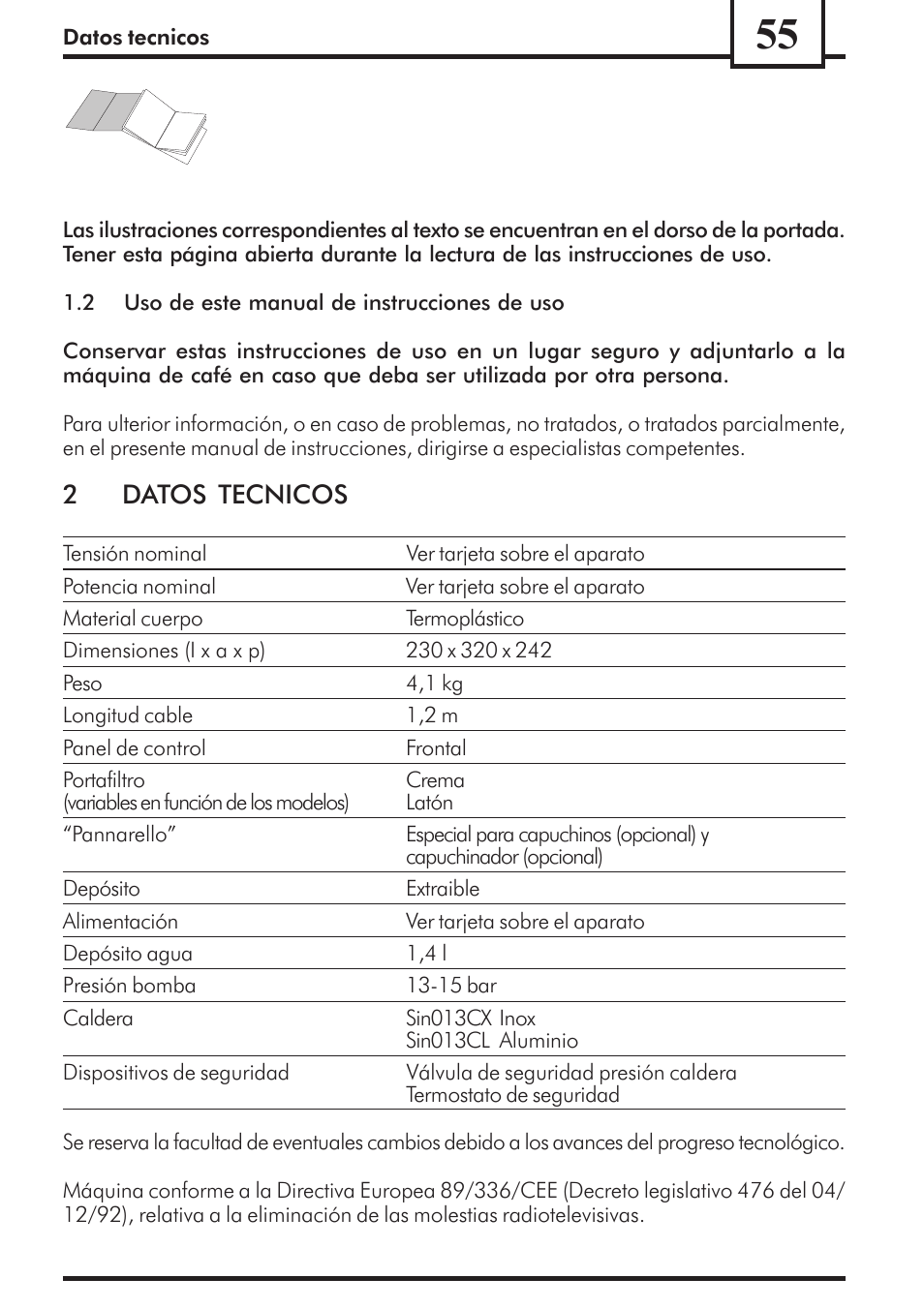 2datos tecnicos | Philips Saeco Via Veneto Cafetera expreso manual User Manual | Page 55 / 92