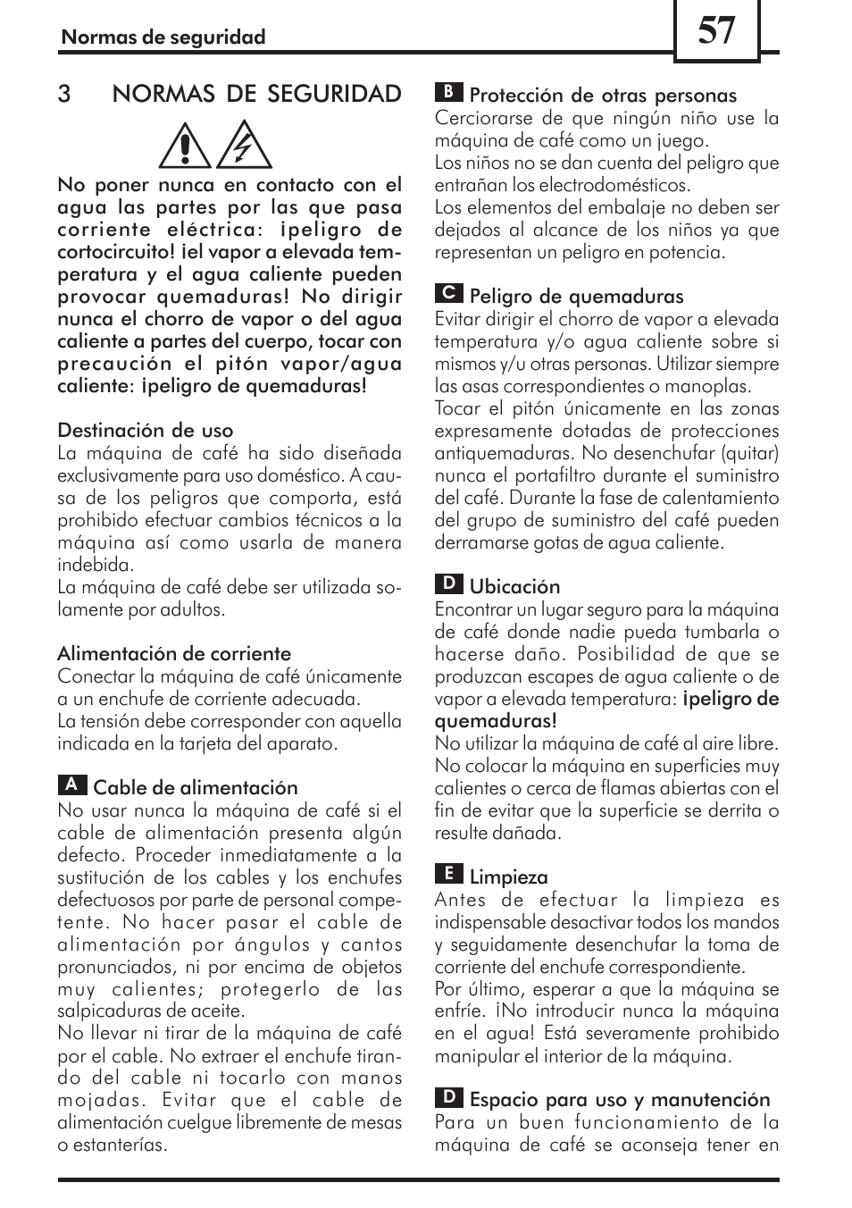 3normas de seguridad | Philips Saeco Via Veneto Cafetera expreso manual User Manual | Page 57 / 92
