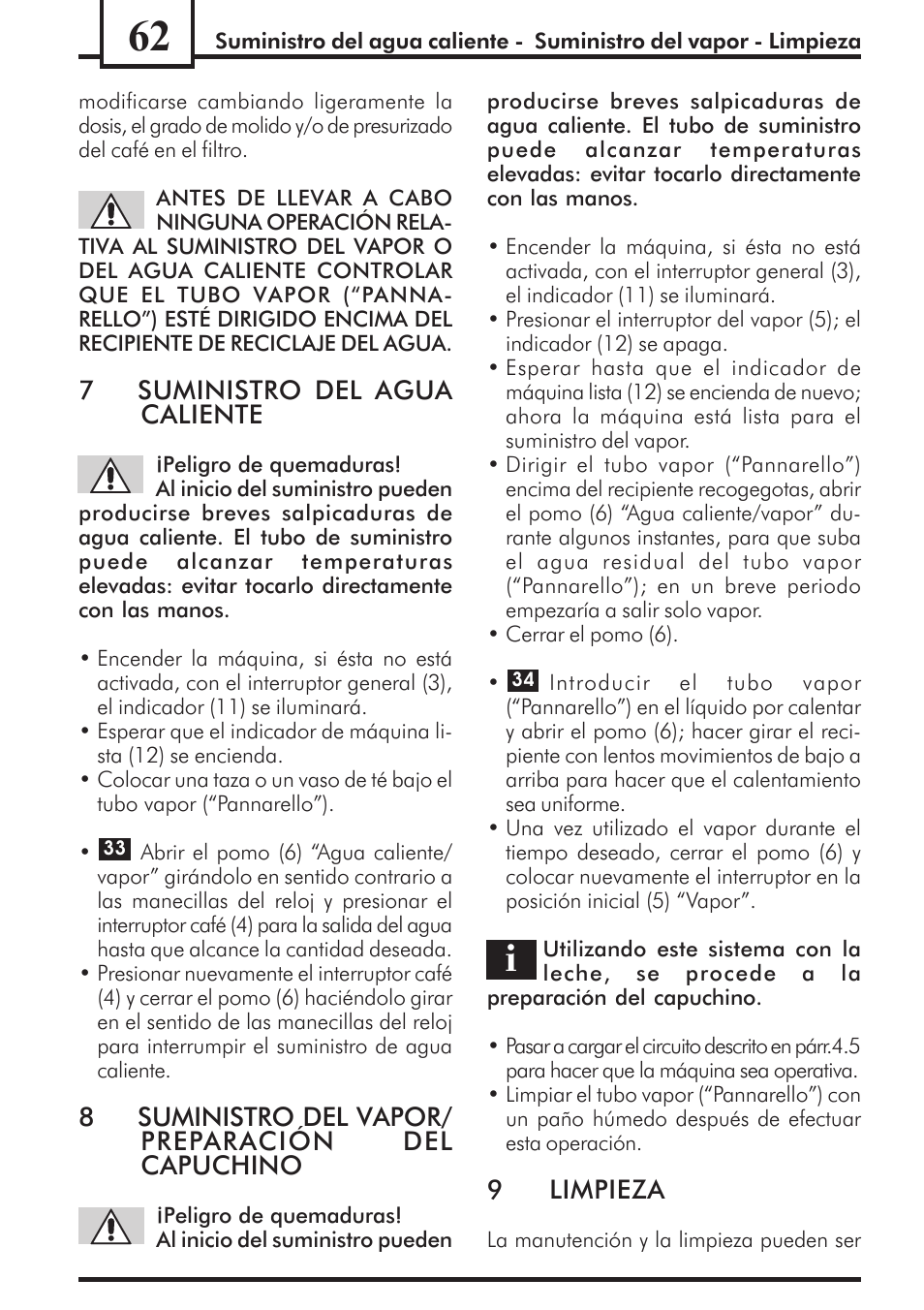 7suministro del agua caliente, 8suministro del vapor/ preparación del capuchino, 9limpieza | Philips Saeco Via Veneto Cafetera expreso manual User Manual | Page 62 / 92