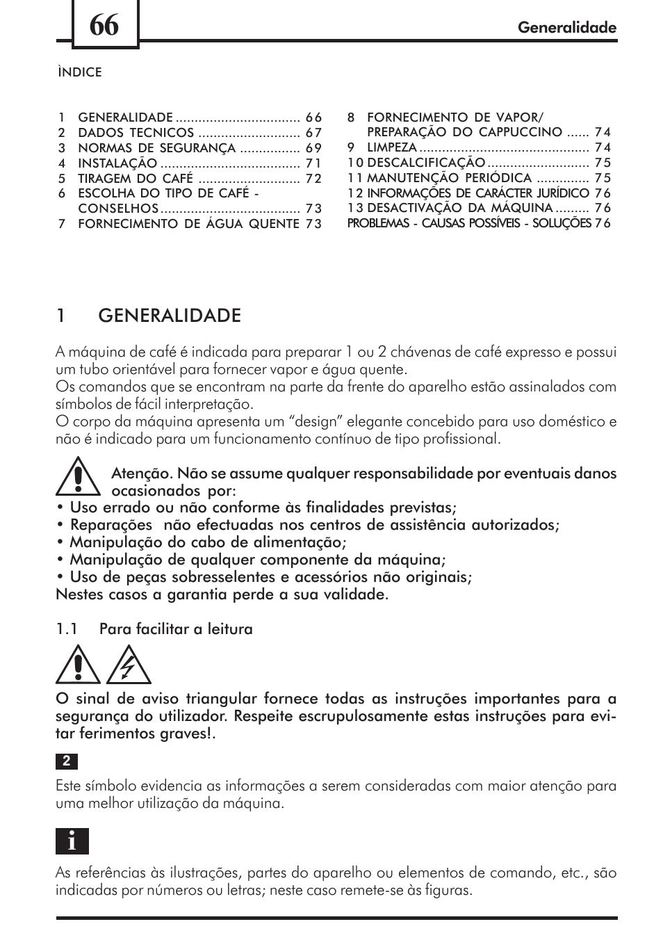 1generalidade | Philips Saeco Via Veneto Cafetera expreso manual User Manual | Page 66 / 92