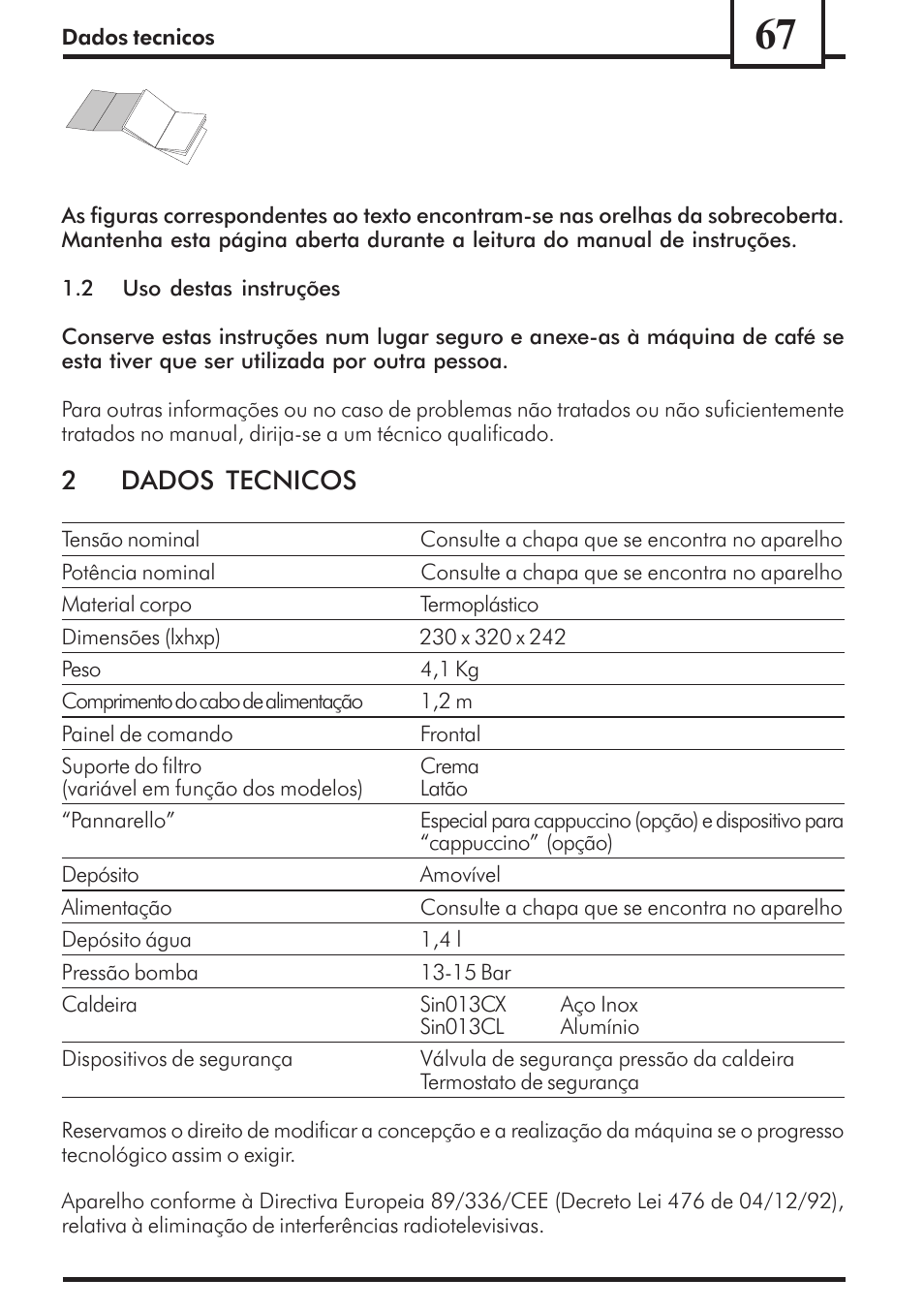 2dados tecnicos | Philips Saeco Via Veneto Cafetera expreso manual User Manual | Page 67 / 92