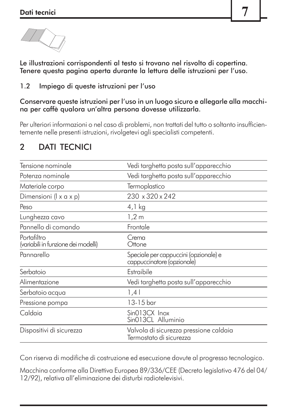 2dati tecnici | Philips Saeco Via Veneto Cafetera expreso manual User Manual | Page 7 / 92