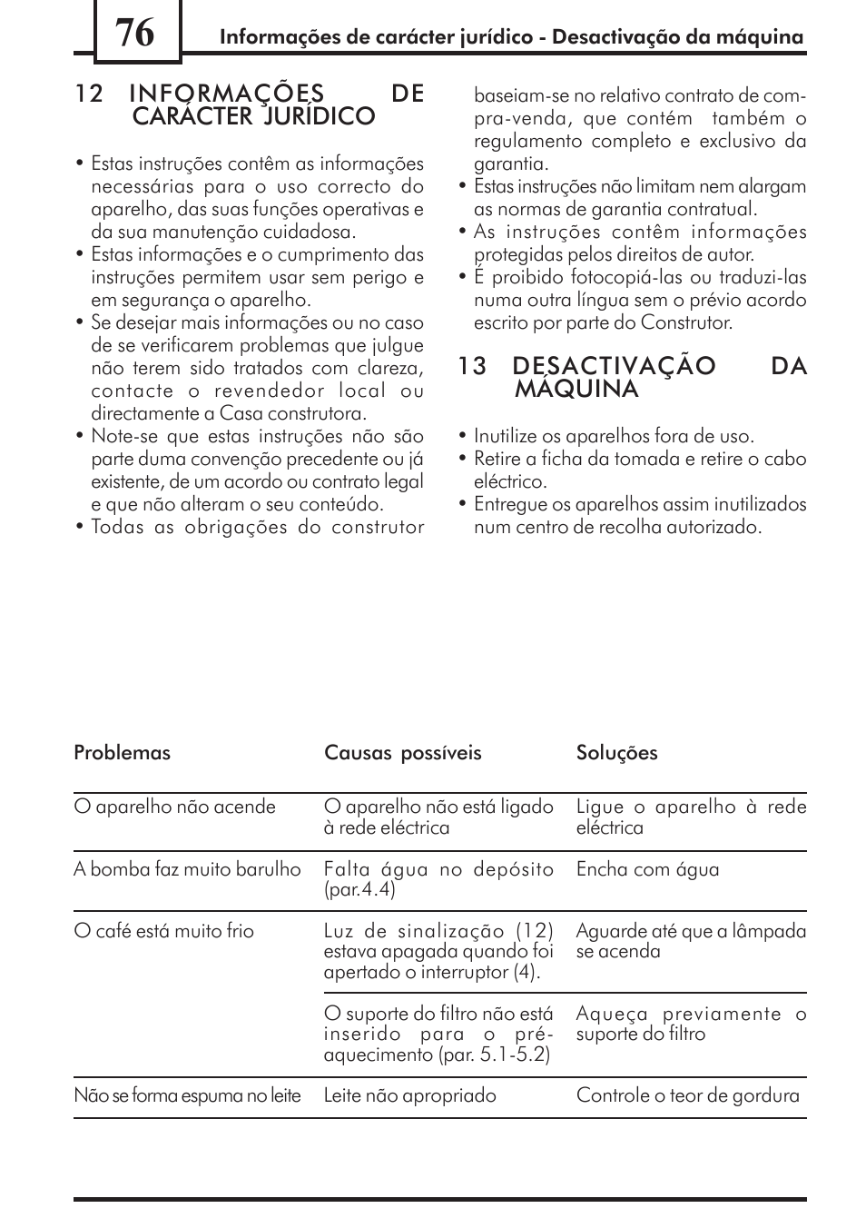 12 informações de carácter jurídico, 13 desactivação da máquina | Philips Saeco Via Veneto Cafetera expreso manual User Manual | Page 76 / 92