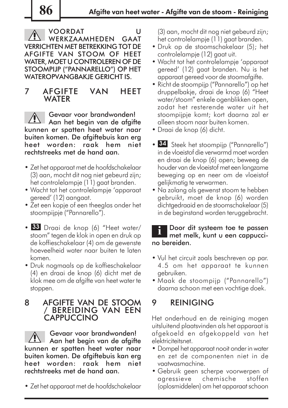 7afgifte van heet water, 9reiniging | Philips Saeco Via Veneto Cafetera expreso manual User Manual | Page 86 / 92