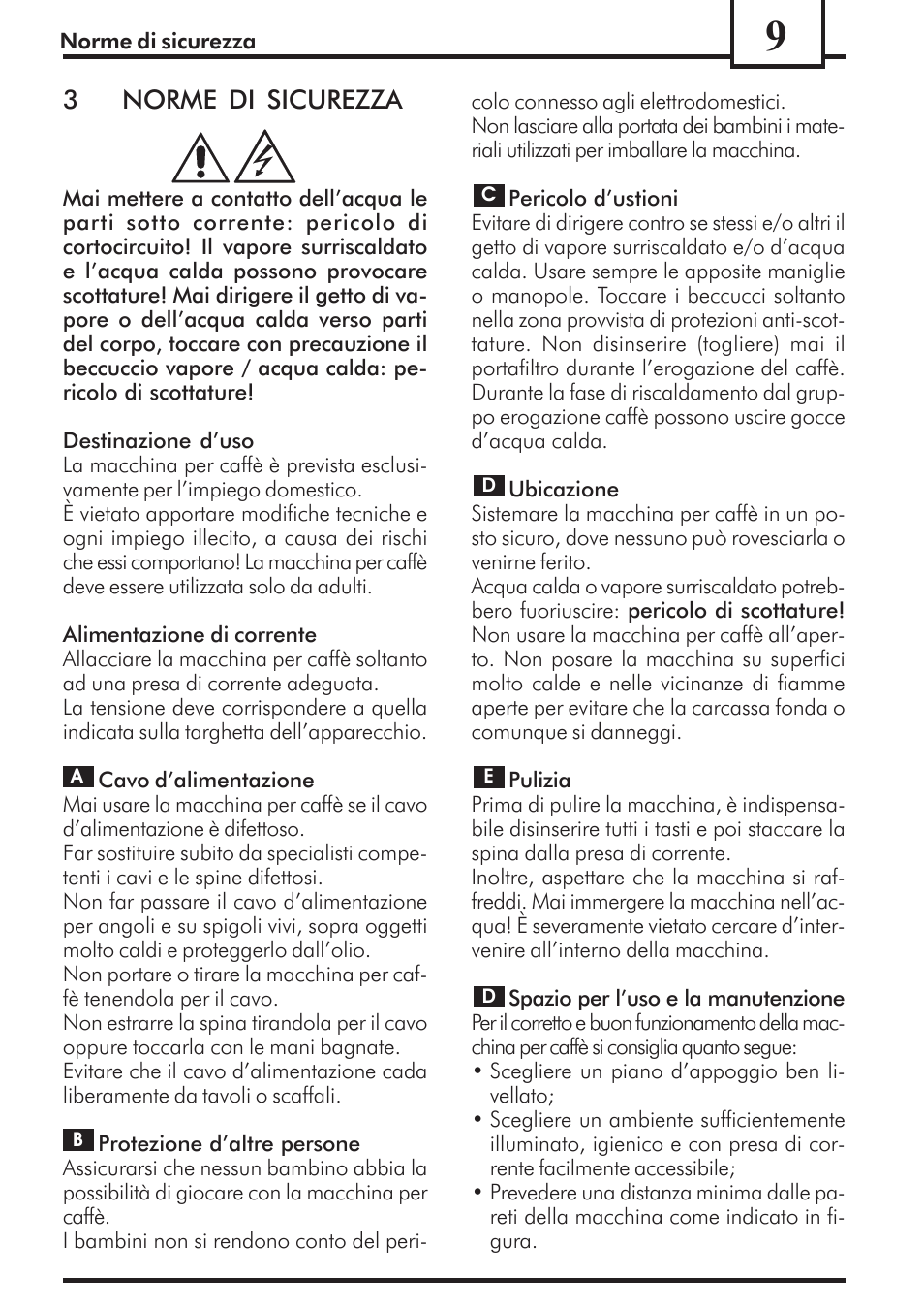 3norme di sicurezza | Philips Saeco Via Veneto Cafetera expreso manual User Manual | Page 9 / 92