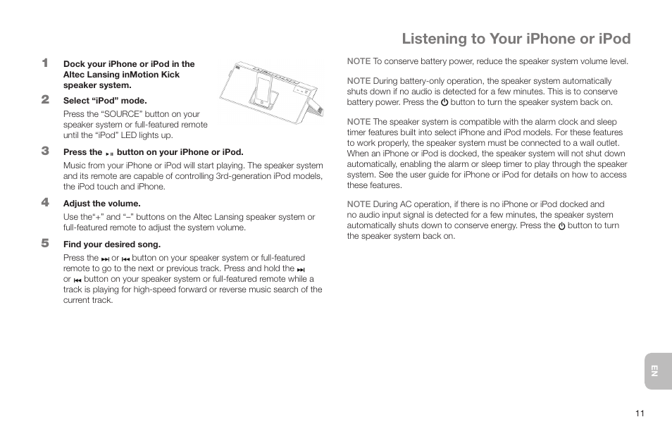 Listening to your iphone or ipod | Altec Lansing IN MOTION IMT520 User Manual | Page 13 / 76