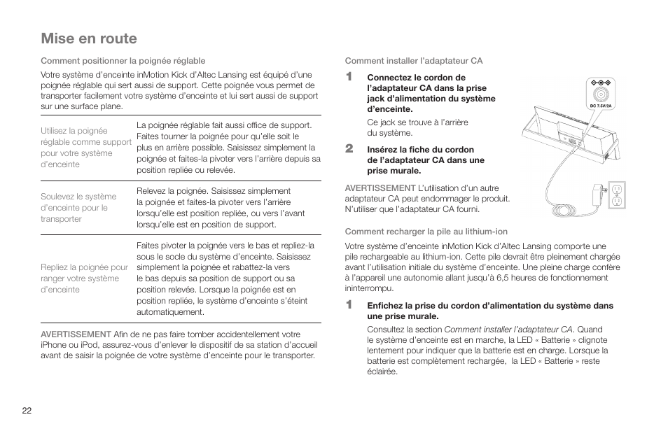 Mise en route | Altec Lansing IN MOTION IMT520 User Manual | Page 24 / 76