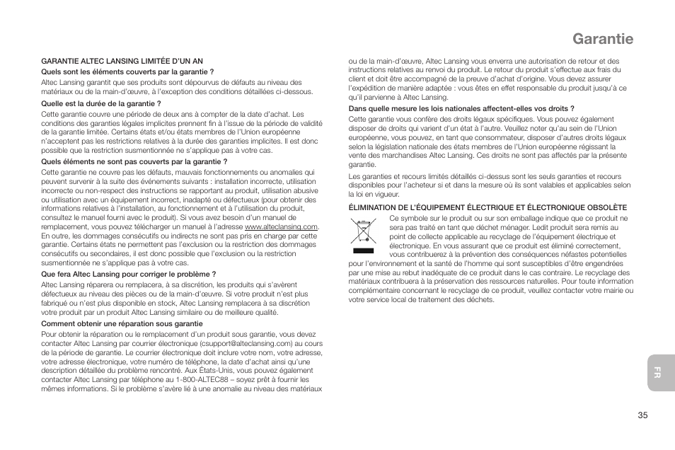 Garantie | Altec Lansing IN MOTION IMT520 User Manual | Page 37 / 76