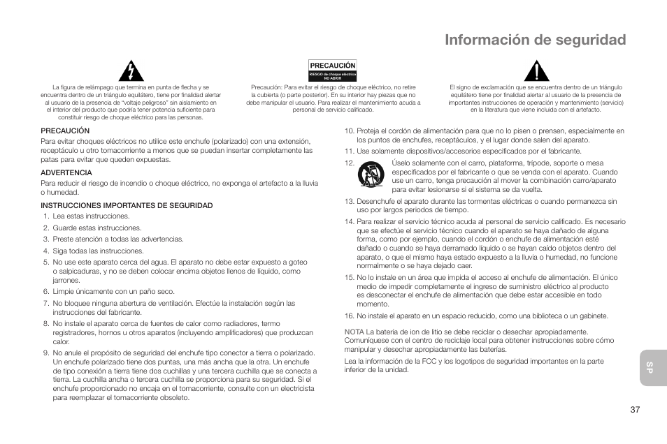 Información de seguridad | Altec Lansing IN MOTION IMT520 User Manual | Page 39 / 76